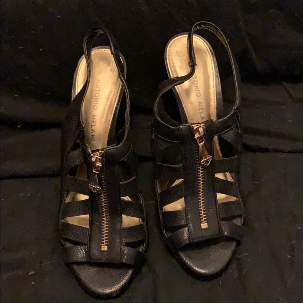 Black Heeled Sandals with Gold Zipper